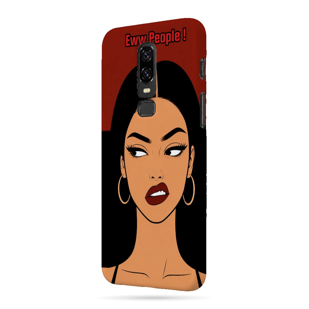 Unimpressed Girl Portrait 3D Print OnePlus 6 Phone Case, right-side view; an unimpressed illustrated woman with dark hair on a red background