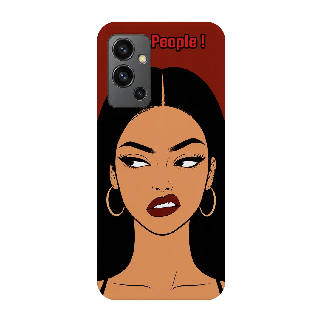 Unimpressed Girl Portrait 3D Print OnePlus Nord 2 Phone Case, back view; an unimpressed illustrated woman with dark hair on a red background