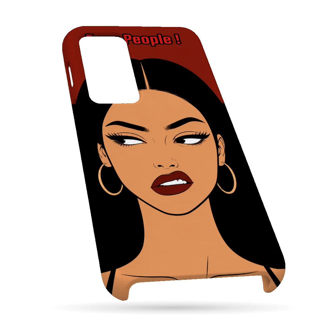 Unimpressed Girl Portrait 3D Print OnePlus Nord 2 Phone Case, bottom view; an unimpressed illustrated woman with dark hair on a red background