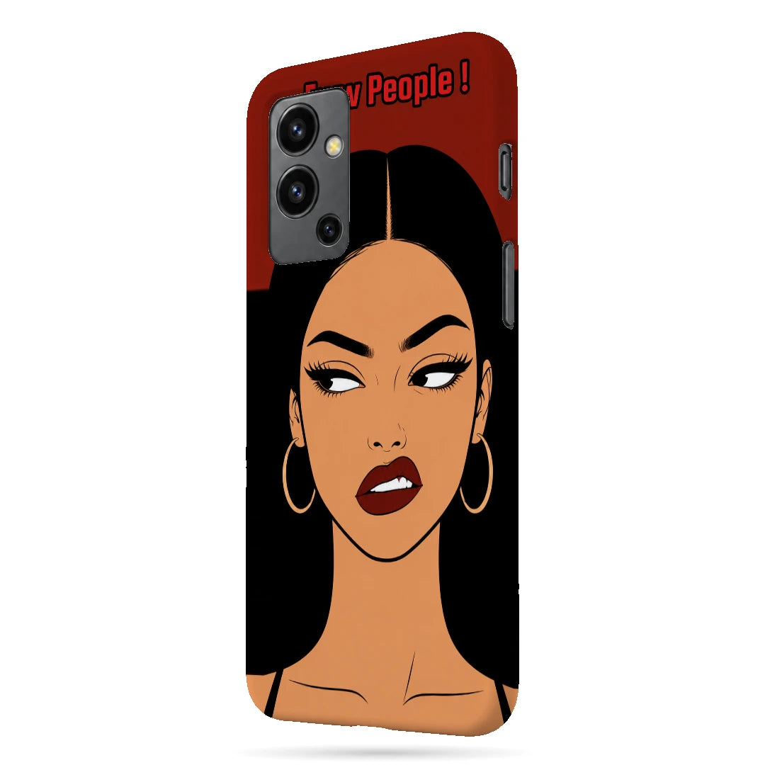 Unimpressed Girl Portrait 3D Print OnePlus Nord 2 Phone Case, right-side view; an unimpressed illustrated woman with dark hair on a red background