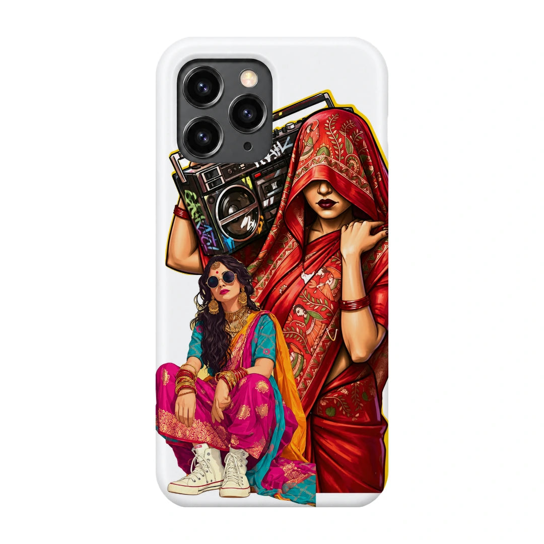 Desi Boombox Collage 3D Print iPhone 11 Pro Phone Case, back view; a woman lifting a boombox above colorful traditional outfit illustrations