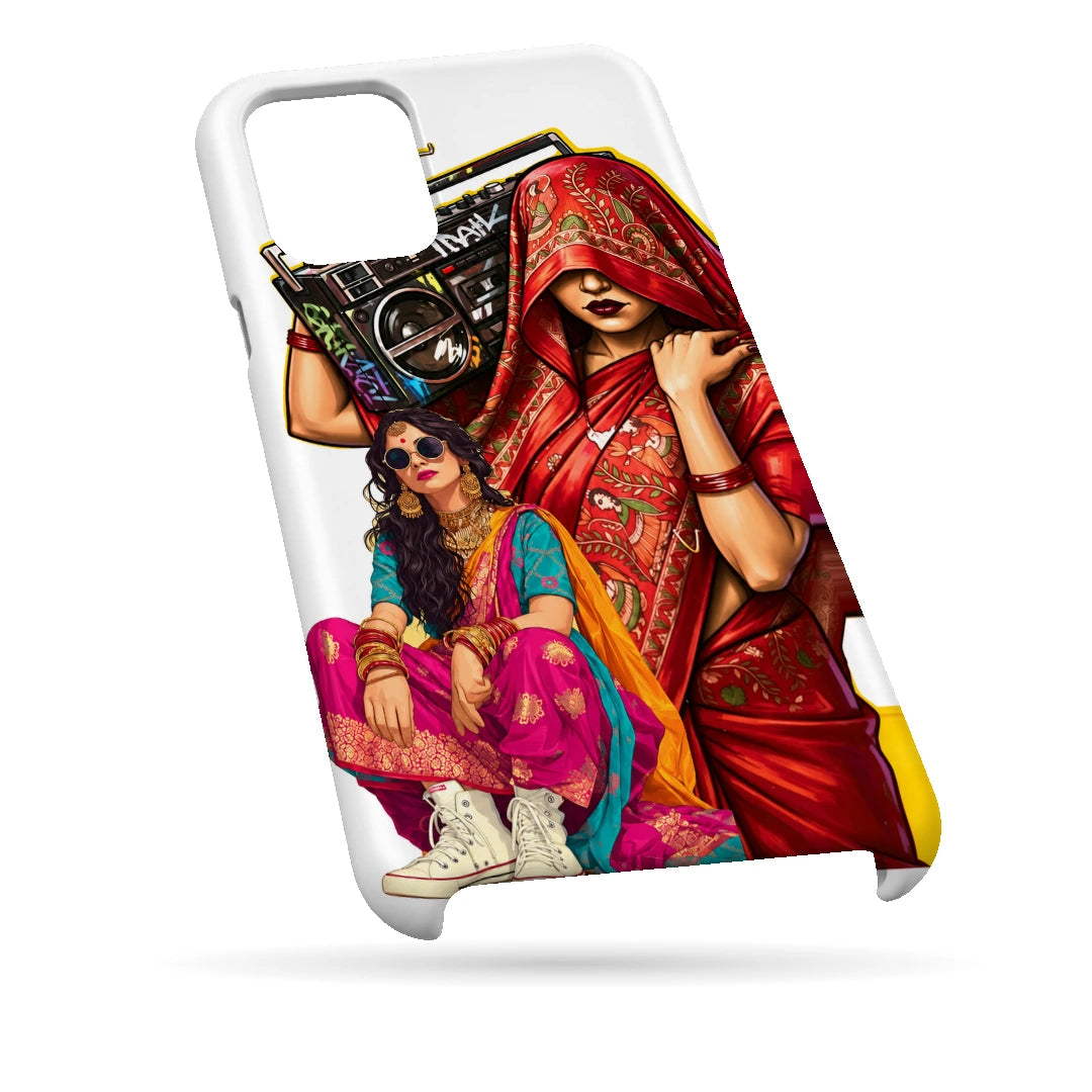 Desi Boombox Collage 3D Print iPhone 11 Pro Phone Case, bottom view; a woman lifting a boombox above colorful traditional outfit illustrations