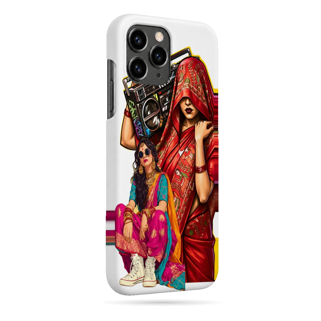 Desi Boombox Collage 3D Print iPhone 11 Pro Phone Case, right-side view; a woman lifting a boombox above colorful traditional outfit illustrations