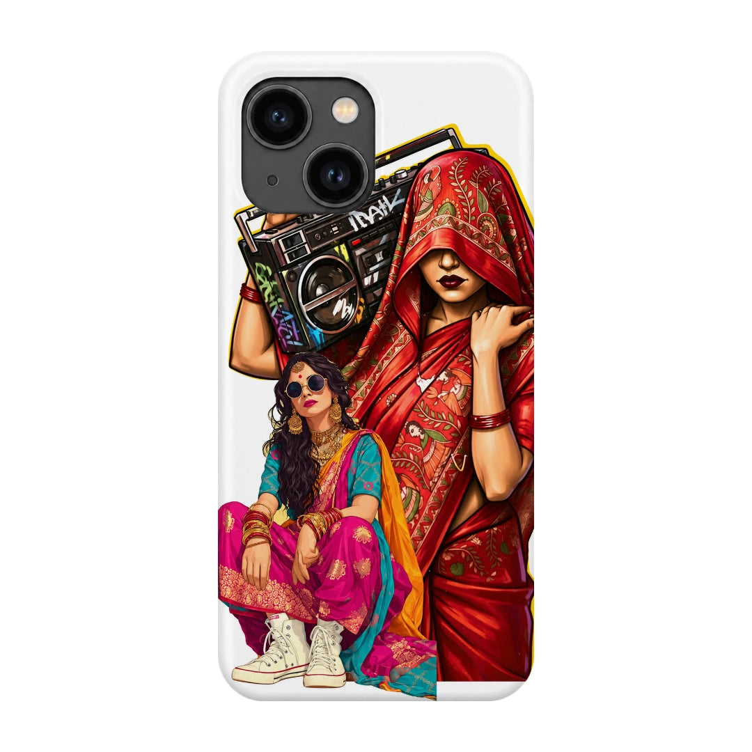 Desi Boombox Collage 3D Print iPhone 13 Phone Case, back view; a woman lifting a boombox above colorful traditional outfit illustrations