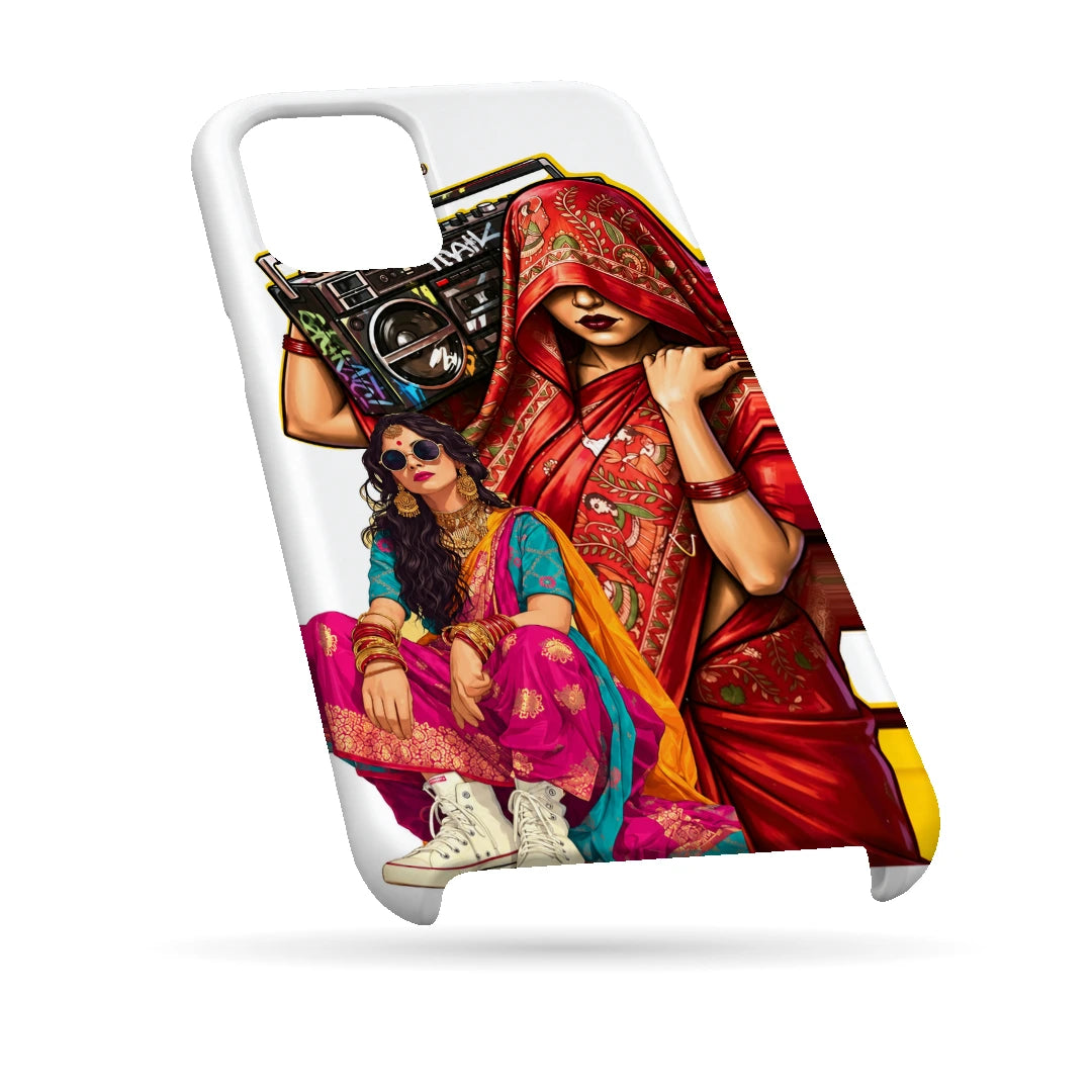 Desi Boombox Collage 3D Print iPhone 13 Phone Case, bottom view; a woman lifting a boombox above colorful traditional outfit illustrations
