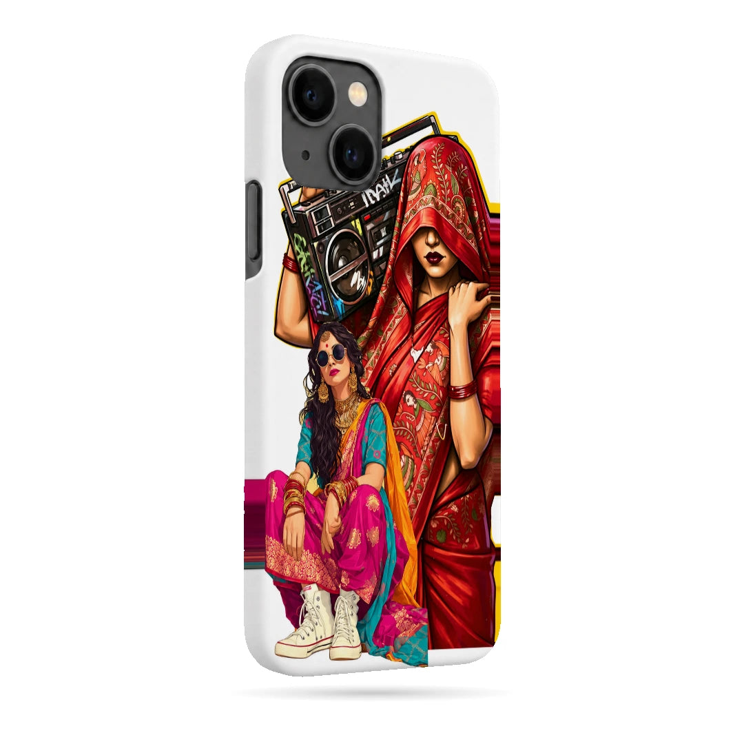Desi Boombox Collage 3D Print iPhone 13 Phone Case, right-side view; a woman lifting a boombox above colorful traditional outfit illustrations