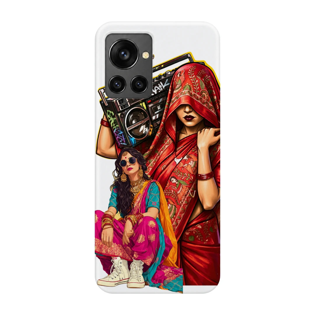 Desi Boombox Collage 3D Print OnePlus 10R Phone Case, back view; a woman lifting a boombox above colorful traditional outfit illustrations