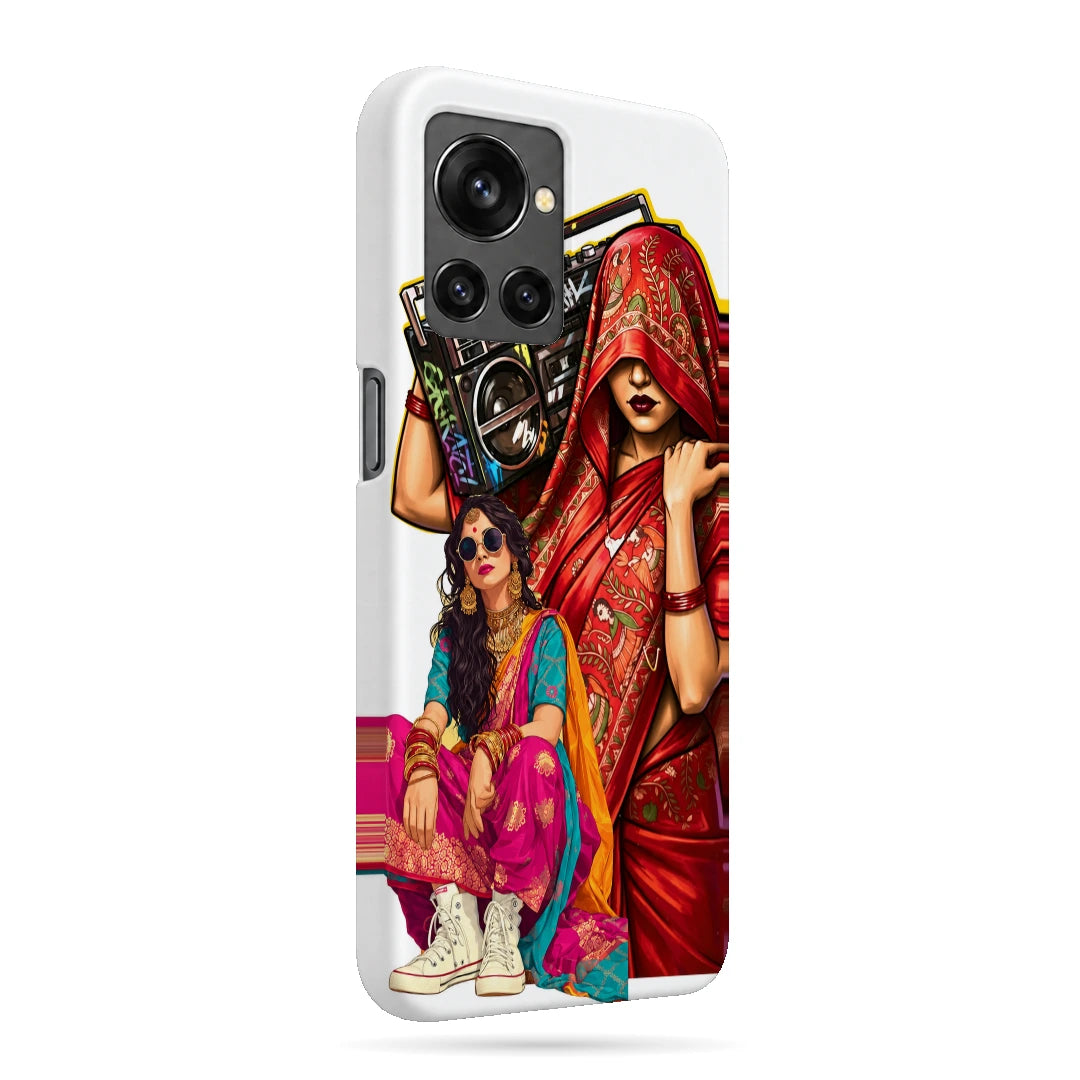 Desi Boombox Collage 3D Print OnePlus 10R Phone Case, right-side view; a woman lifting a boombox above colorful traditional outfit illustrations