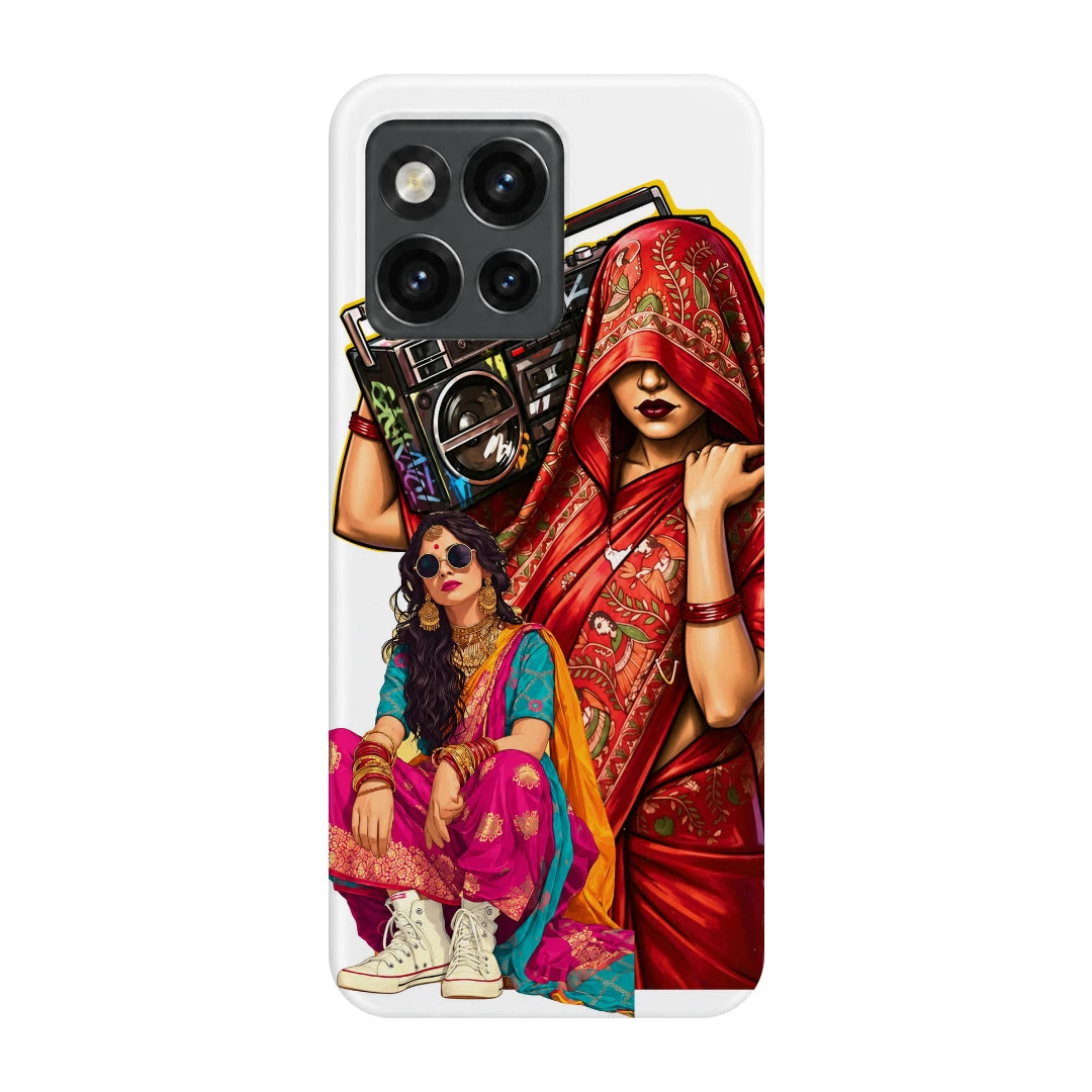 Desi Boombox Collage 3D Print OnePlus 10T Phone Case, back view; a woman lifting a boombox above colorful traditional outfit illustrations