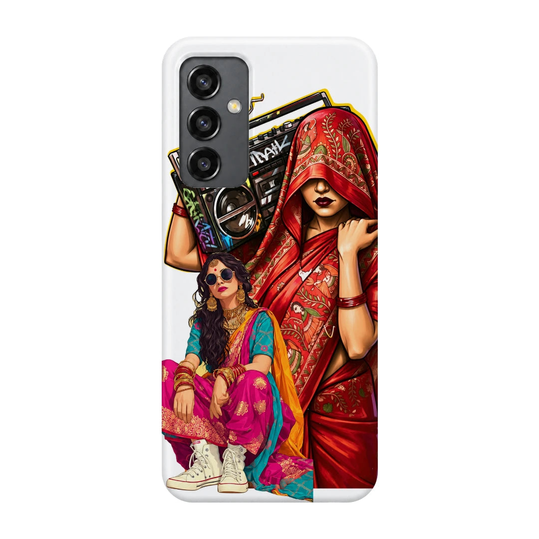 Desi Boombox Collage 3D Print Samsung A13 5G Phone Case, back view; a woman lifting a boombox above colorful traditional outfit illustrations