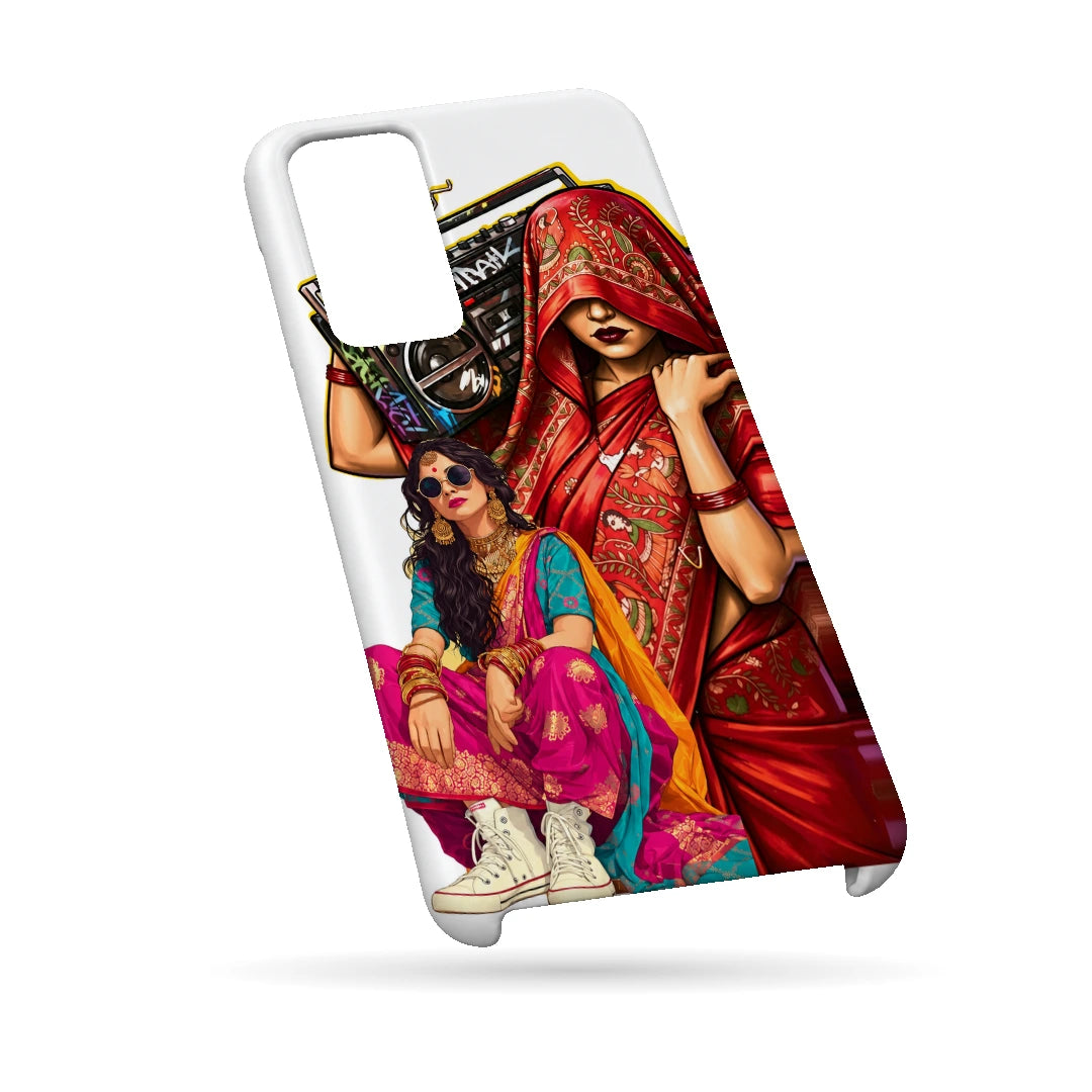 Desi Boombox Collage 3D Print Samsung A13 5G Phone Case, bottom view; a woman lifting a boombox above colorful traditional outfit illustrations