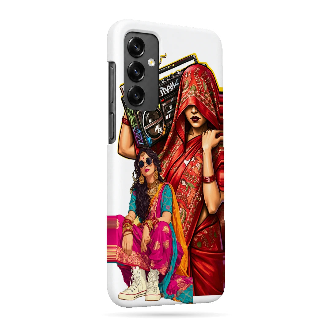 Desi Boombox Collage 3D Print Samsung A13 5G Phone Case, right-side view; a woman lifting a boombox above colorful traditional outfit illustrations