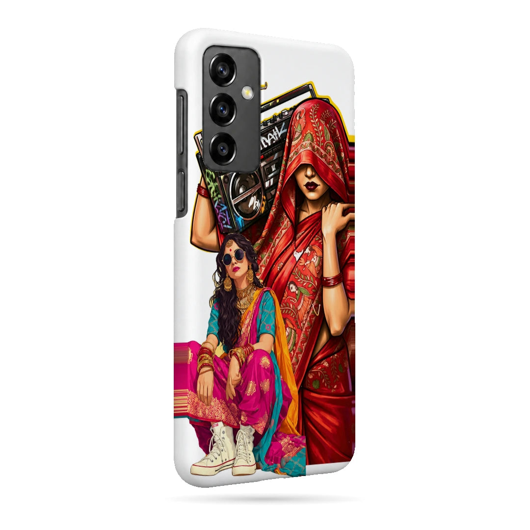 Desi Boombox Collage 3D Print Samsung Note 20 Phone Case, right-side view; a woman lifting a boombox above colorful traditional outfit illustrations