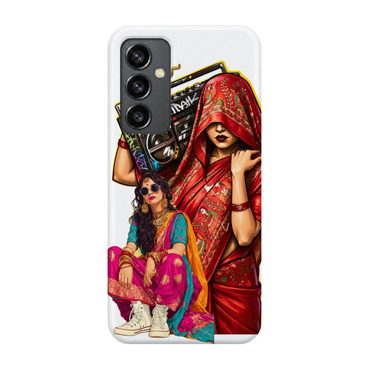 Desi Boombox Collage 3D Print Samsung S23 FE Phone Case, back view; a woman lifting a boombox above colorful traditional outfit illustrations