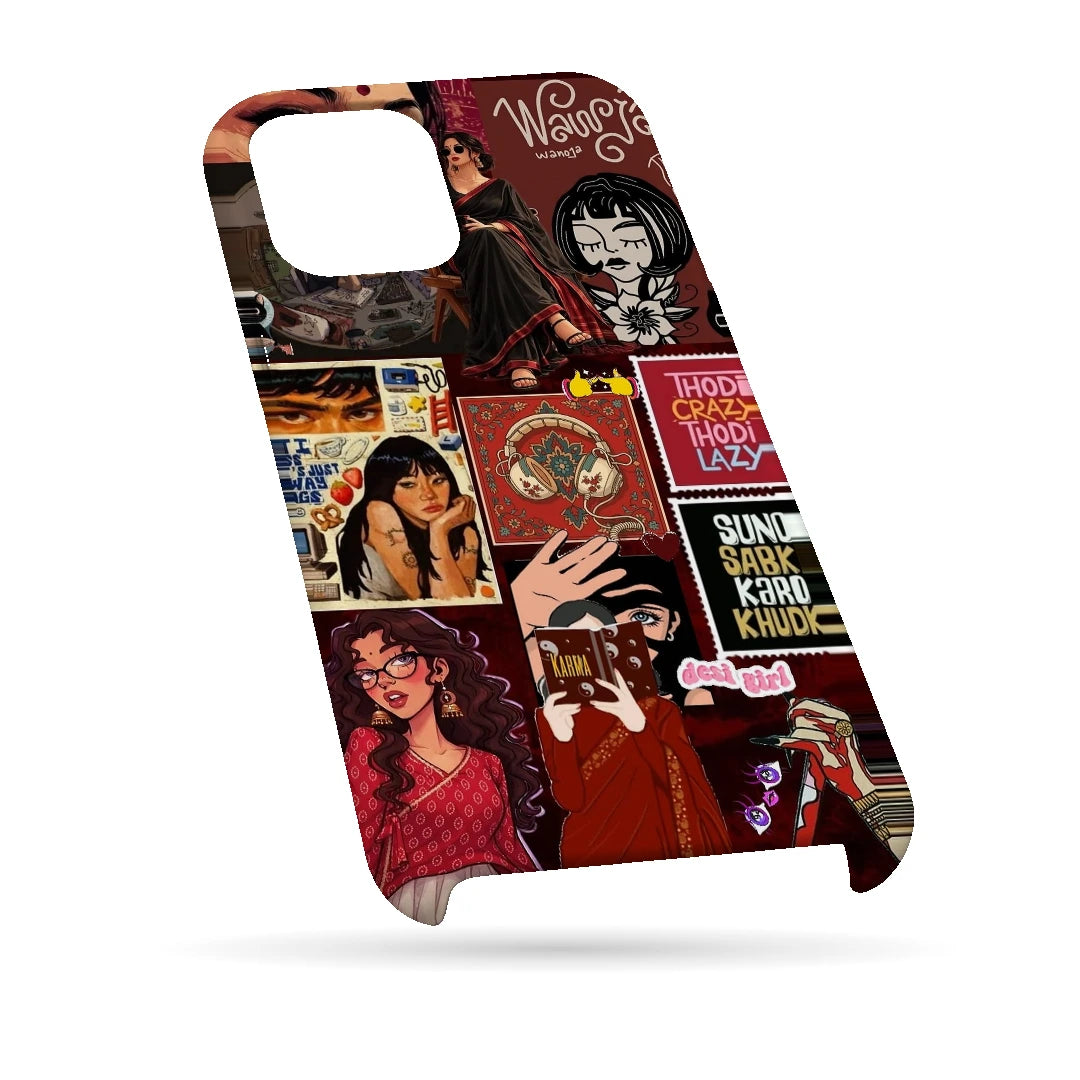 Desi Cinema Collage 3D Print iPhone 14 Phone Case, bottom view; illustrated portraits, Hindi lettering and red vintage poster textures