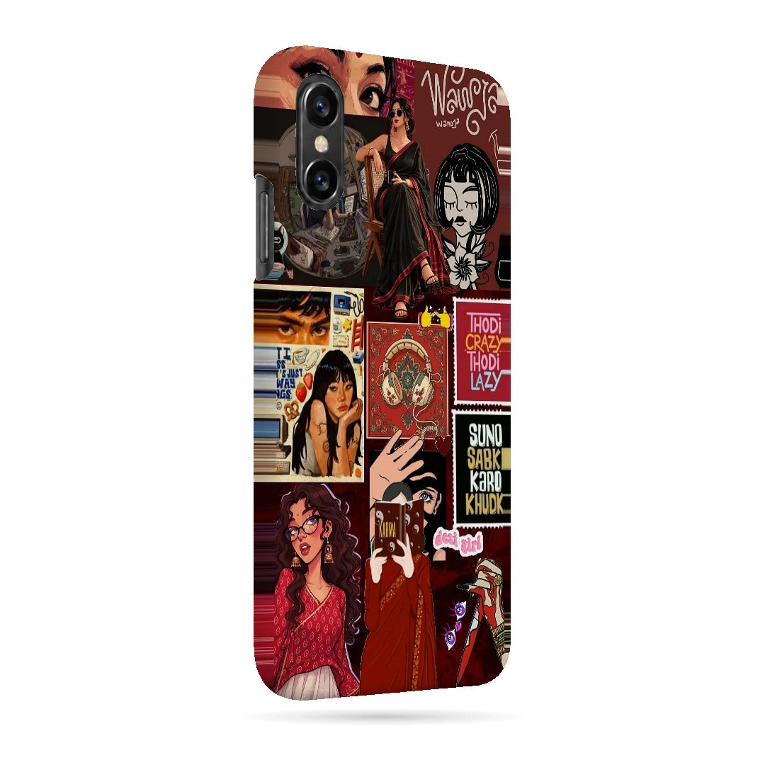 Desi Cinema Collage 3D Print iPhone XS Phone Case, right-side view; illustrated portraits, Hindi lettering and red vintage poster textures