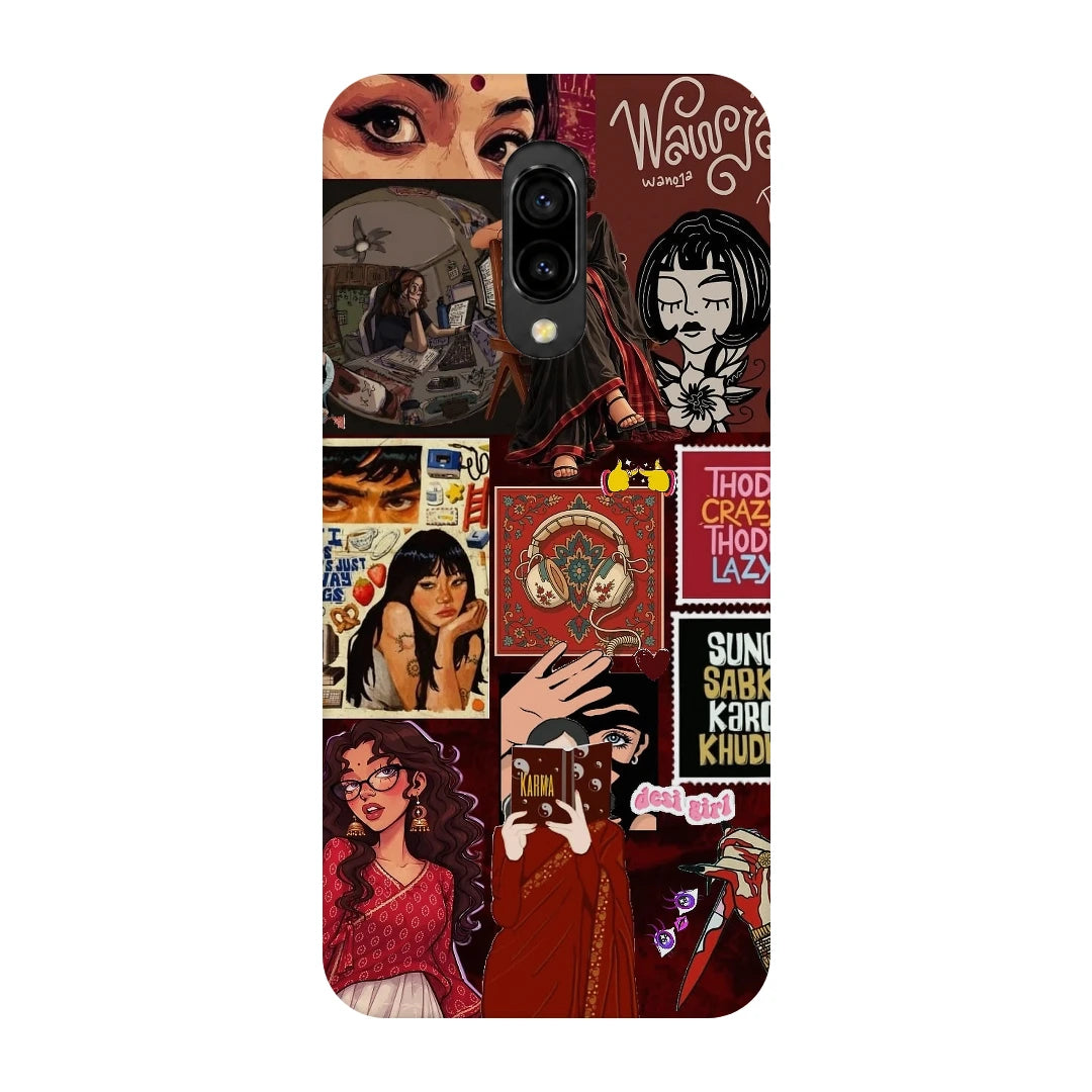 Desi Cinema Collage 3D Print OnePlus 6T Phone Case, back view; illustrated portraits, Hindi lettering and red vintage poster textures