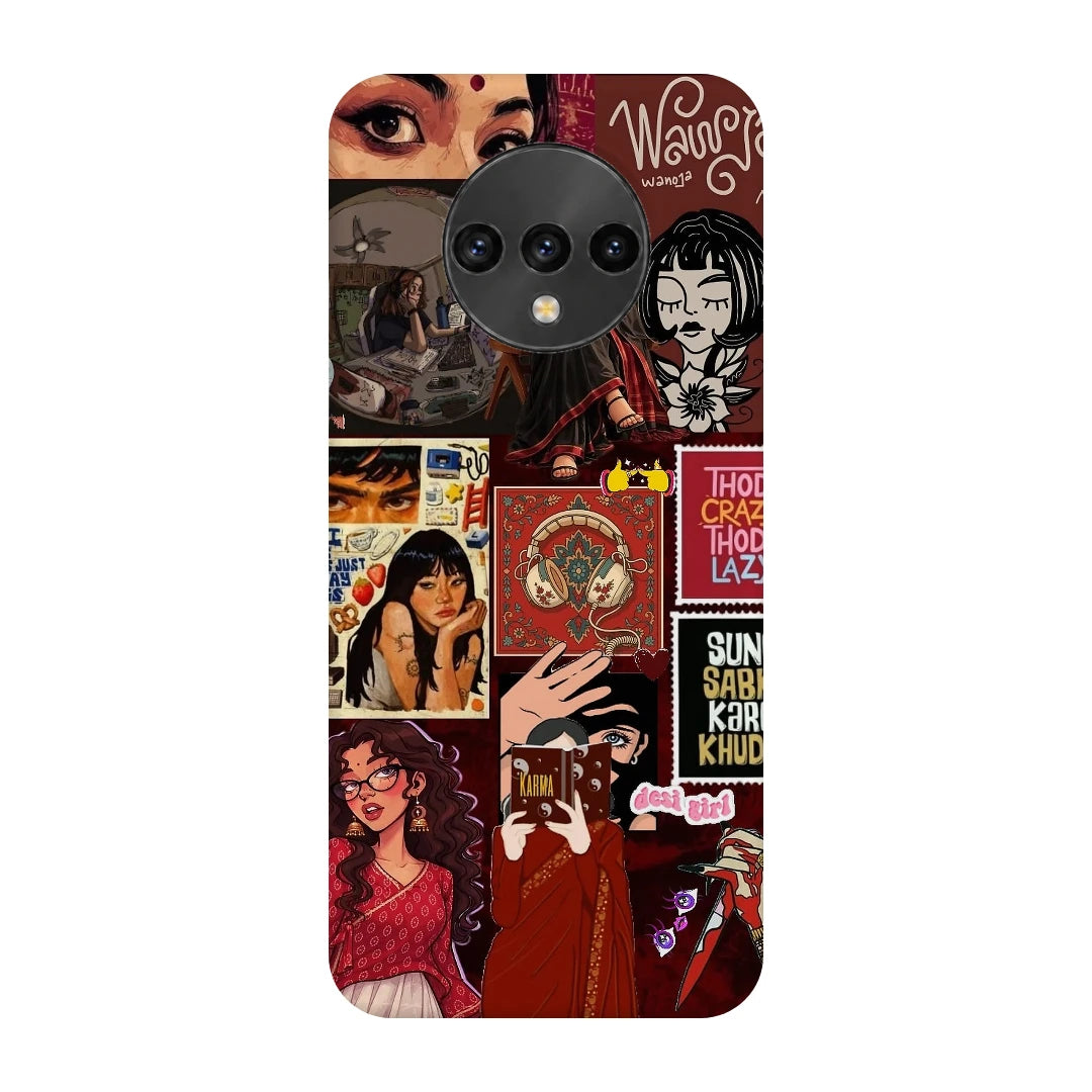 Desi Cinema Collage 3D Print OnePlus 7T Phone Case, back view; illustrated portraits, Hindi lettering and red vintage poster textures