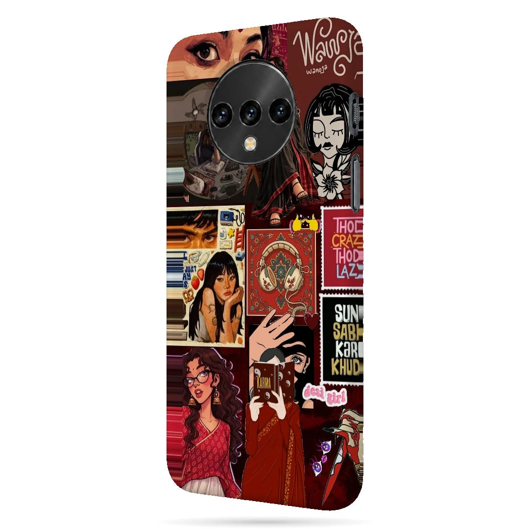 Desi Cinema Collage 3D Print OnePlus 7T Phone Case, right-side view; illustrated portraits, Hindi lettering and red vintage poster textures