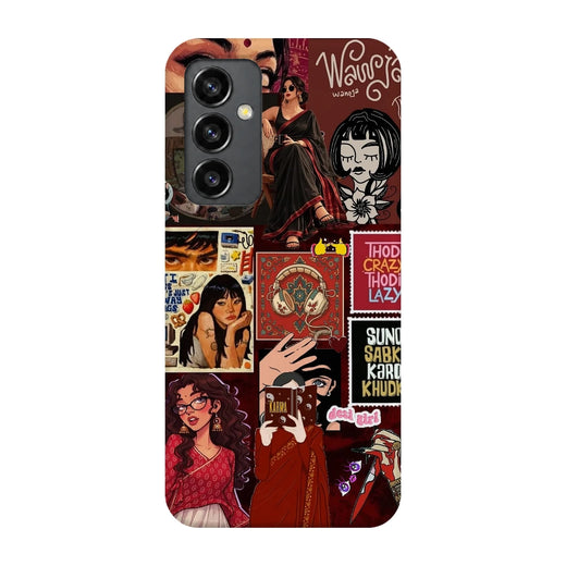Desi Cinema Collage 3D Print Samsung S23 FE Phone Case, back view; illustrated portraits, Hindi lettering and red vintage poster textures