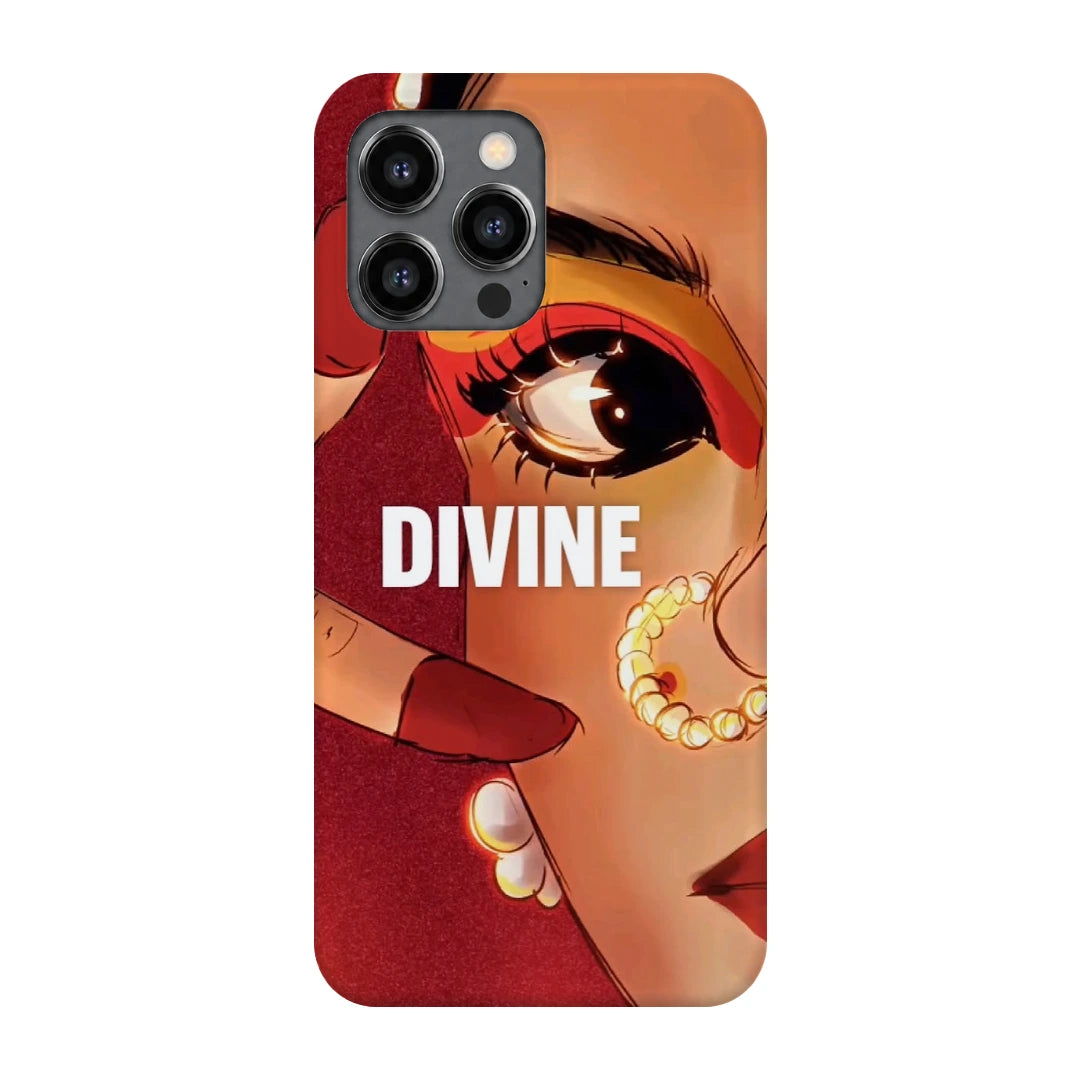 Divine Portrait 3D Print iPhone 13 Pro Max Phone Case, back view; a warm-toned illustrated eye and jeweled portrait with Divine lettering