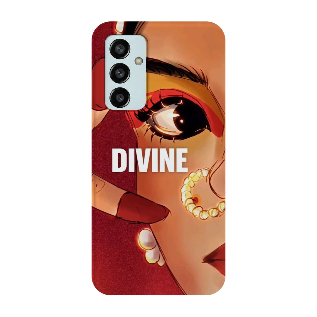 Divine Portrait 3D Print Samsung F13 Phone Case, back view; a warm-toned illustrated eye and jeweled portrait with Divine lettering