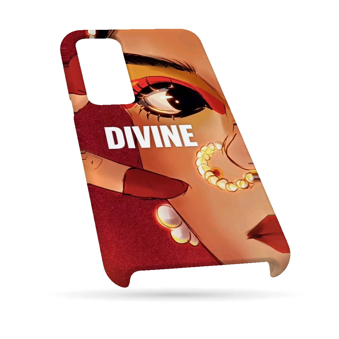 Divine Portrait 3D Print Samsung F13 Phone Case, bottom view; a warm-toned illustrated eye and jeweled portrait with Divine lettering