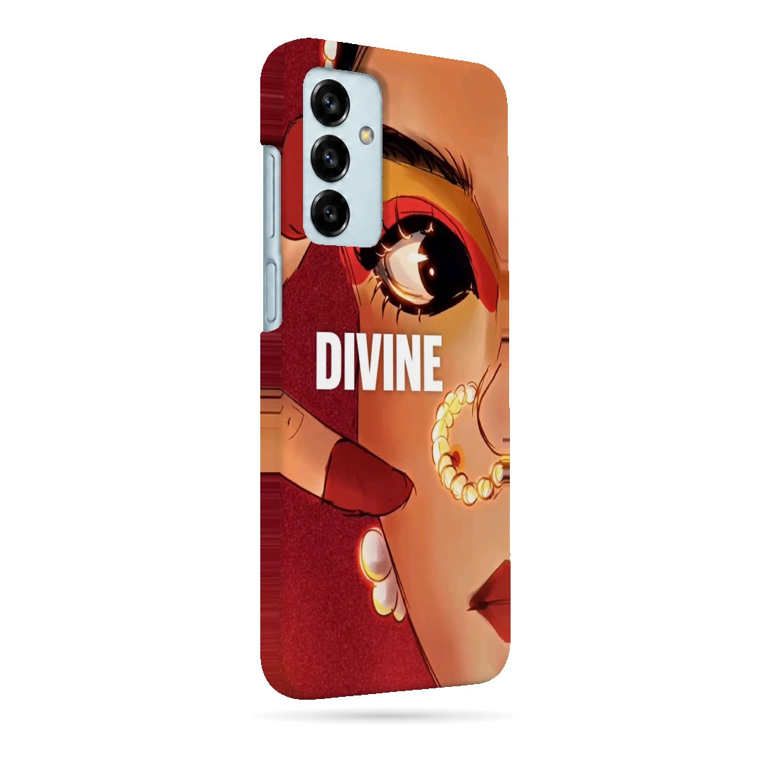 Divine Portrait 3D Print Samsung F13 Phone Case, right-side view; a warm-toned illustrated eye and jeweled portrait with Divine lettering