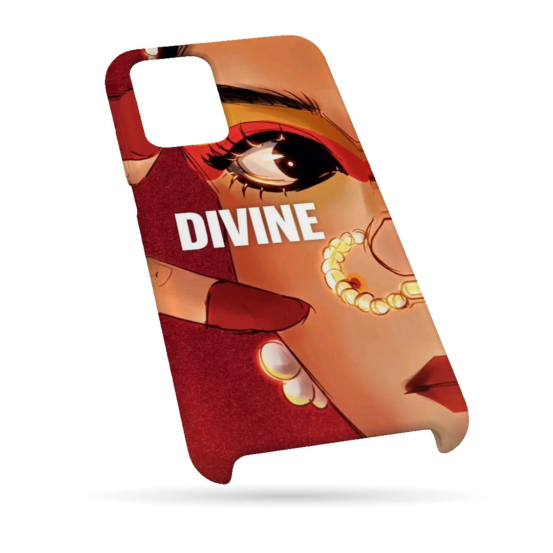 Divine Portrait 3D Print Samsung M53 5G Phone Case, bottom view; a warm-toned illustrated eye and jeweled portrait with Divine lettering