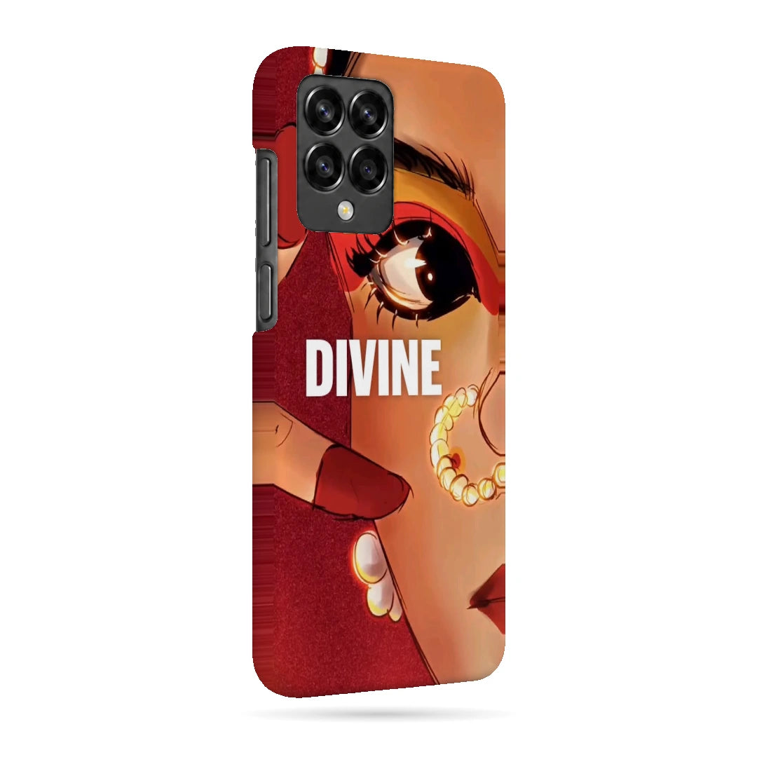 Divine Portrait 3D Print Samsung M53 5G Phone Case, right-side view; a warm-toned illustrated eye and jeweled portrait with Divine lettering
