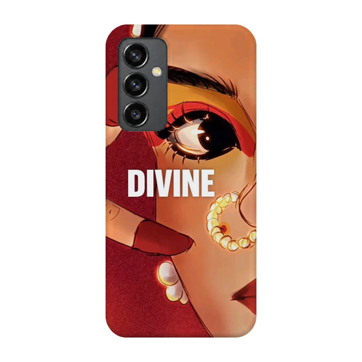Divine Portrait 3D Print Samsung S23 FE Phone Case, back view; a warm-toned illustrated eye and jeweled portrait with Divine lettering