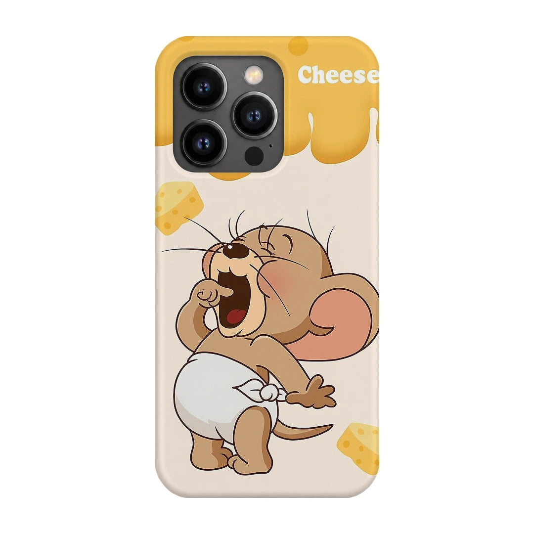 Jerry Cheese 3D Print iPhone 13 Pro Phone Case, back view; Jerry holding cheese beneath yellow cheese-drip artwork on an off-white background