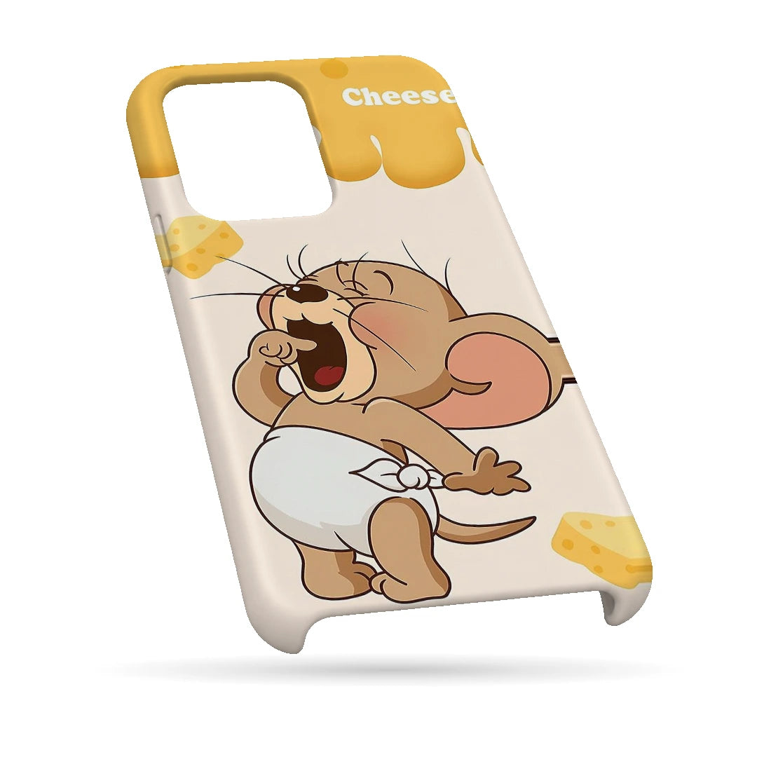 Jerry Cheese 3D Print iPhone 13 Pro Phone Case, bottom view; Jerry holding cheese beneath yellow cheese-drip artwork on an off-white background
