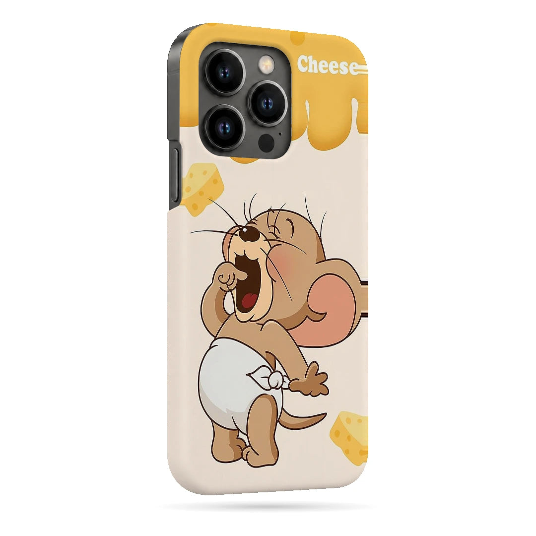 Jerry Cheese 3D Print iPhone 13 Pro Phone Case, right-side view; Jerry holding cheese beneath yellow cheese-drip artwork on an off-white background