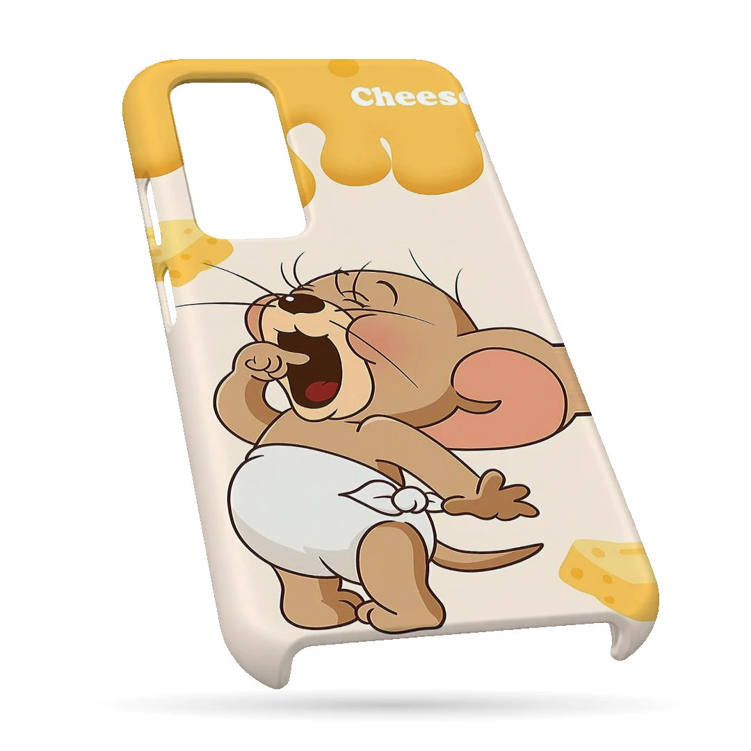Jerry Cheese 3D Print OnePlus 9 Phone Case, bottom view; Jerry holding cheese beneath yellow cheese-drip artwork on an off-white background