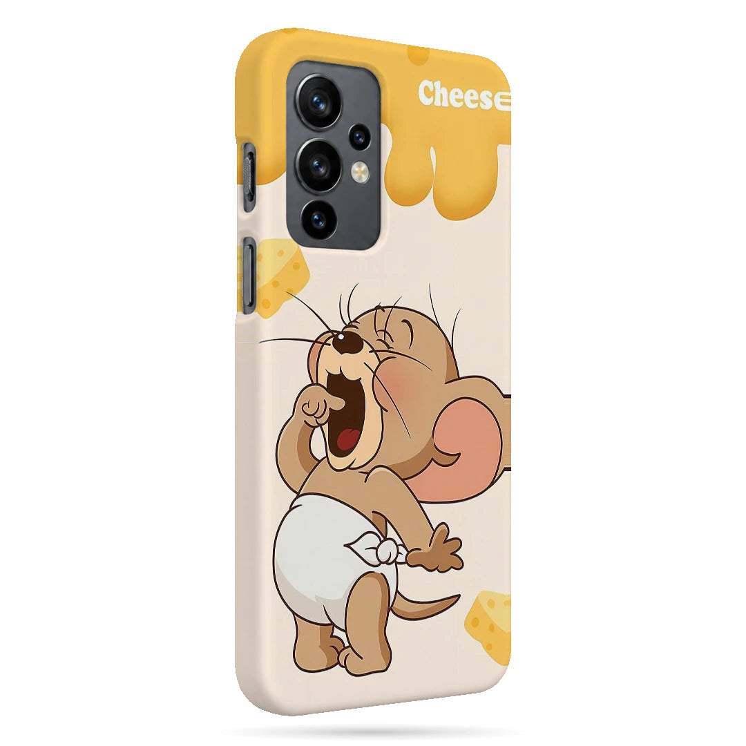 Jerry Cheese 3D Print OnePlus 9 Phone Case, right-side view; Jerry holding cheese beneath yellow cheese-drip artwork on an off-white background
