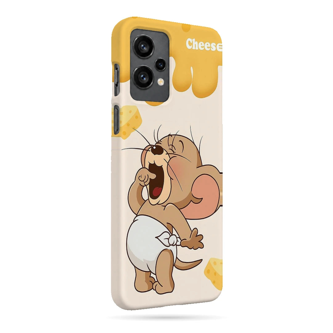 Jerry Cheese 3D Print OnePlus 9RT Phone Case, right-side view; Jerry holding cheese beneath yellow cheese-drip artwork on an off-white background