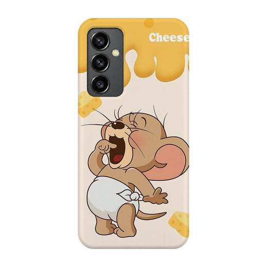 Jerry Cheese 3D Print Samsung S23 FE Phone Case, back view; Jerry holding cheese beneath yellow cheese-drip artwork on an off-white background