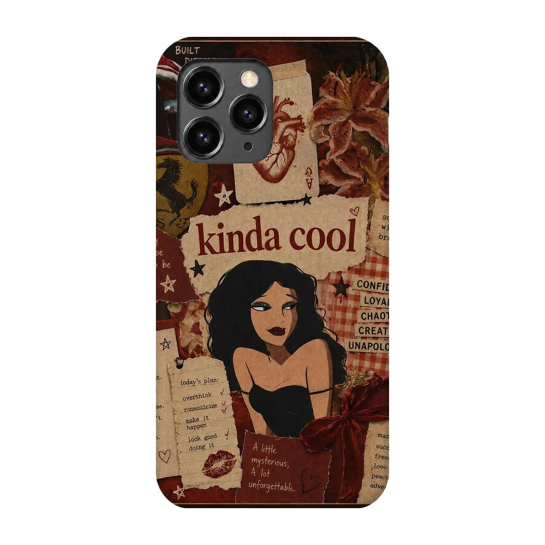 Kinda Cool Retro Girl 3D Print iPhone 11 Pro Phone Case, back view; an illustrated woman and Kinda Cool lettering over warm vintage paper textures