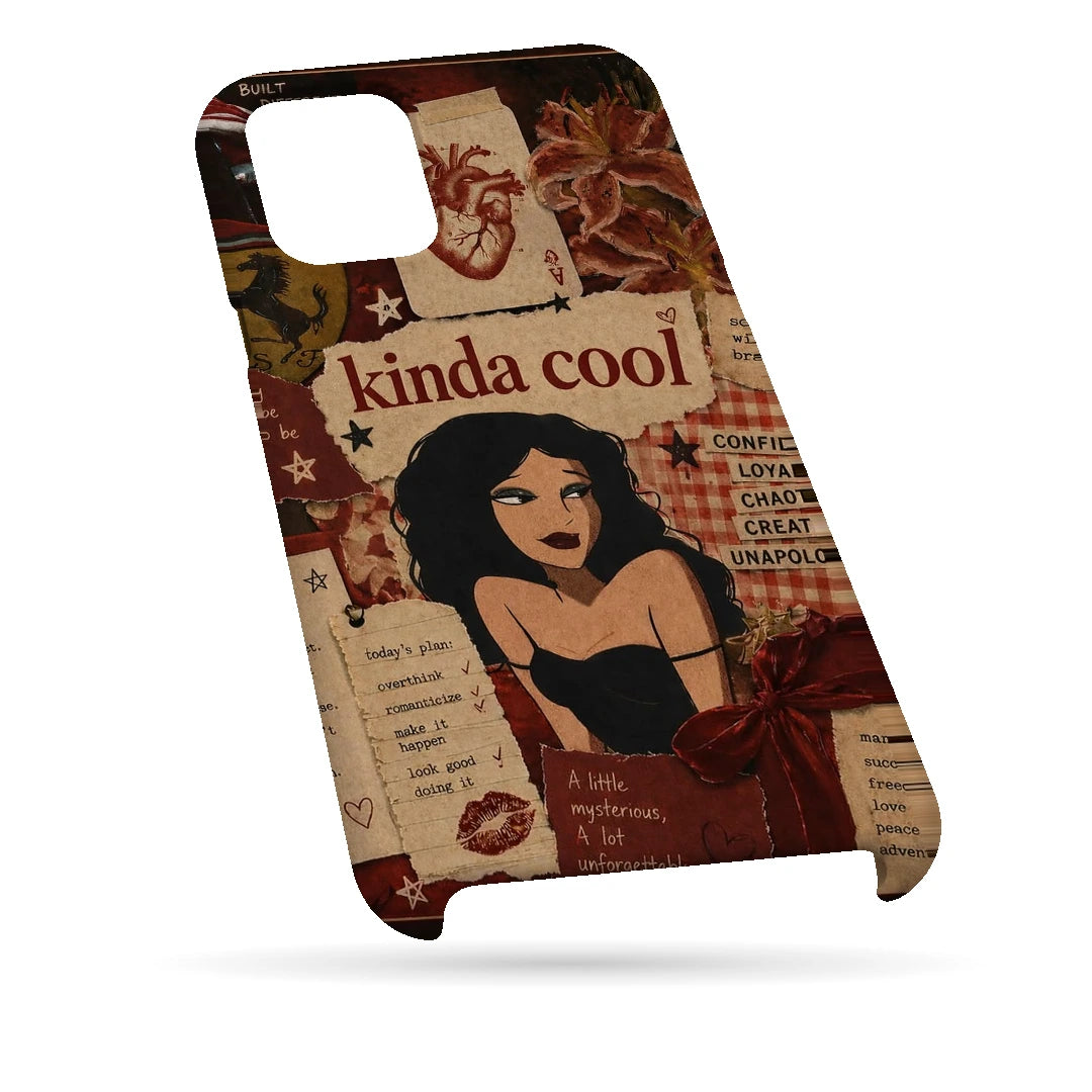 Kinda Cool Retro Girl 3D Print iPhone 11 Pro Phone Case, bottom view; an illustrated woman and Kinda Cool lettering over warm vintage paper textures