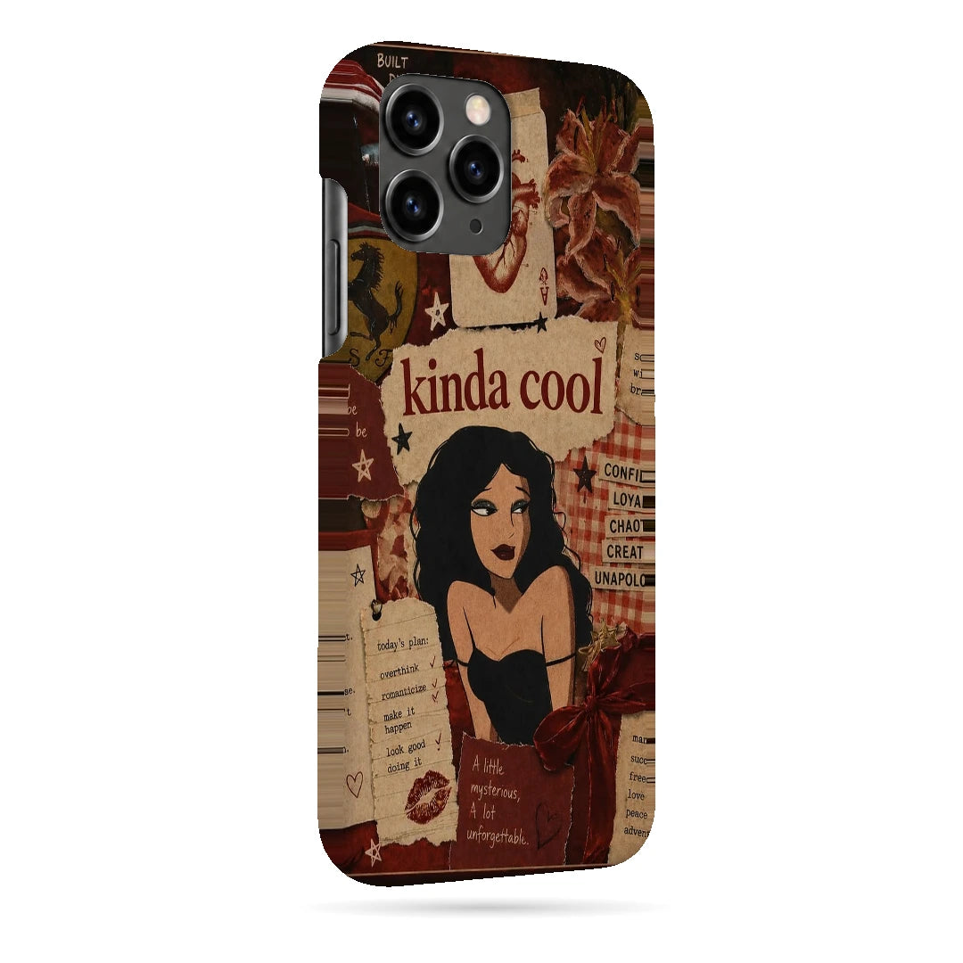Kinda Cool Retro Girl 3D Print iPhone 11 Pro Phone Case, right-side view; an illustrated woman and Kinda Cool lettering over warm vintage paper textures