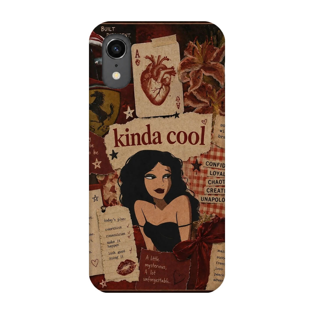 Kinda Cool Retro Girl 3D Print iPhone XR Phone Case, back view; an illustrated woman and Kinda Cool lettering over warm vintage paper textures