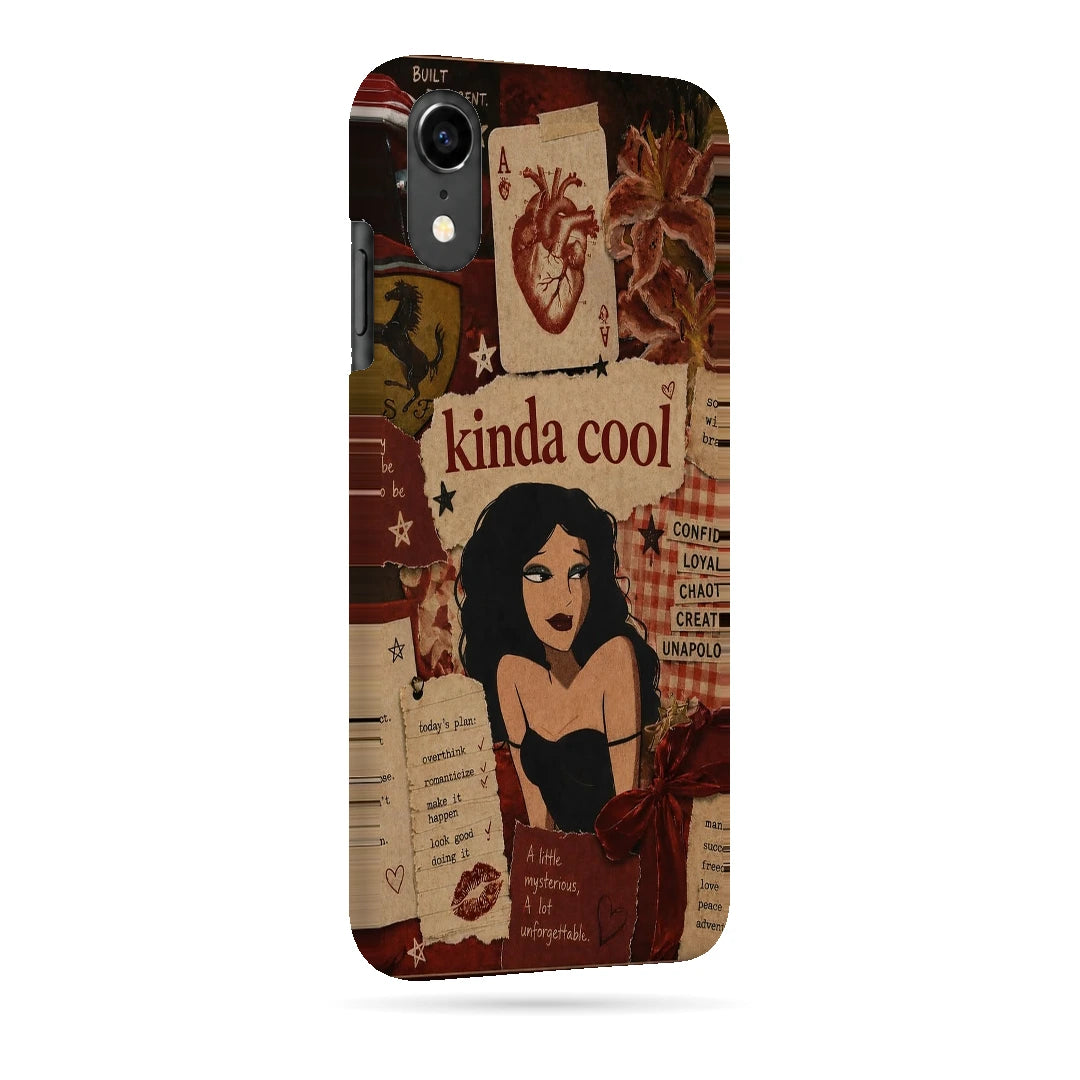 Kinda Cool Retro Girl 3D Print iPhone XR Phone Case, right-side view; an illustrated woman and Kinda Cool lettering over warm vintage paper textures