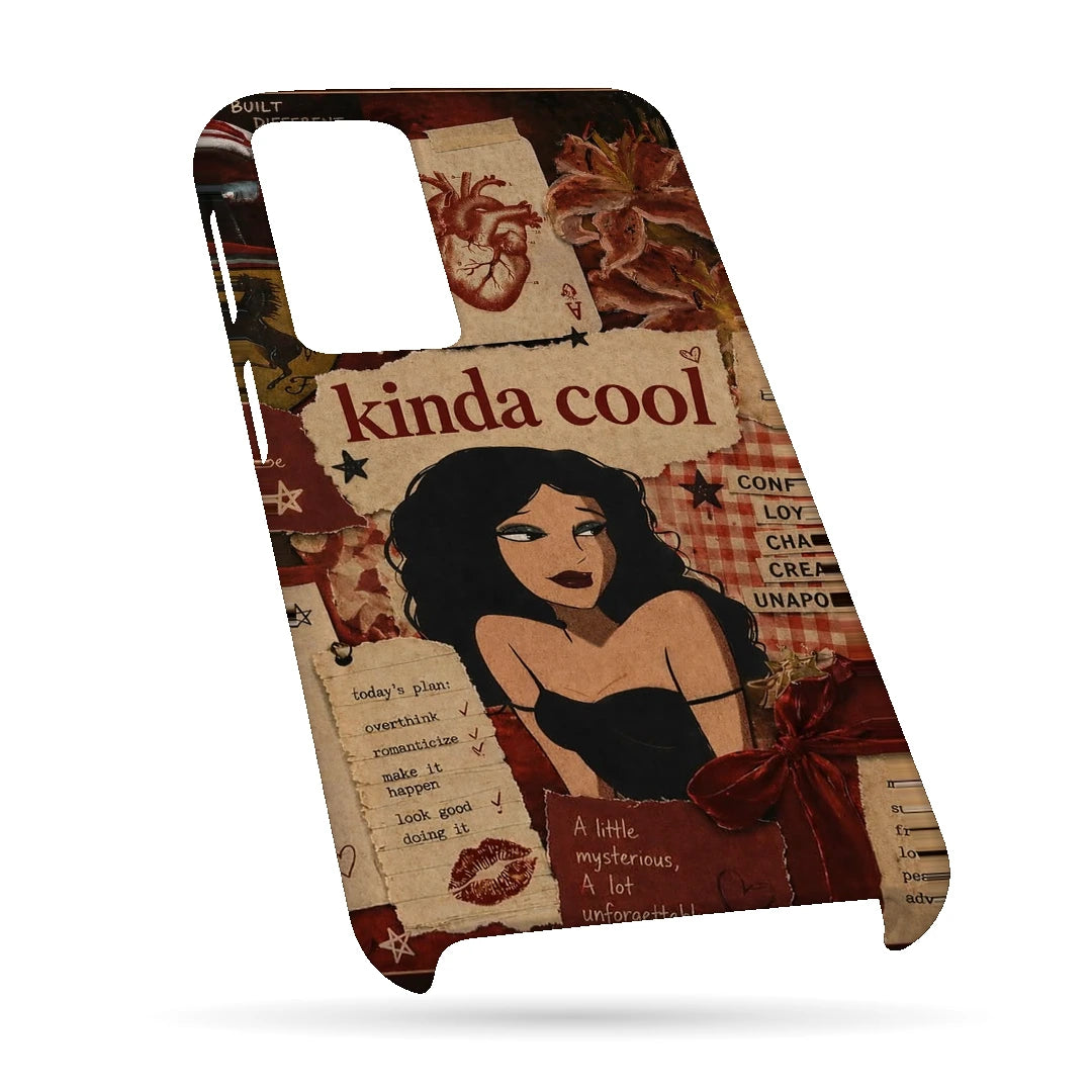 Kinda Cool Retro Girl 3D Print OnePlus 10R Phone Case, bottom view; an illustrated woman and Kinda Cool lettering over warm vintage paper textures