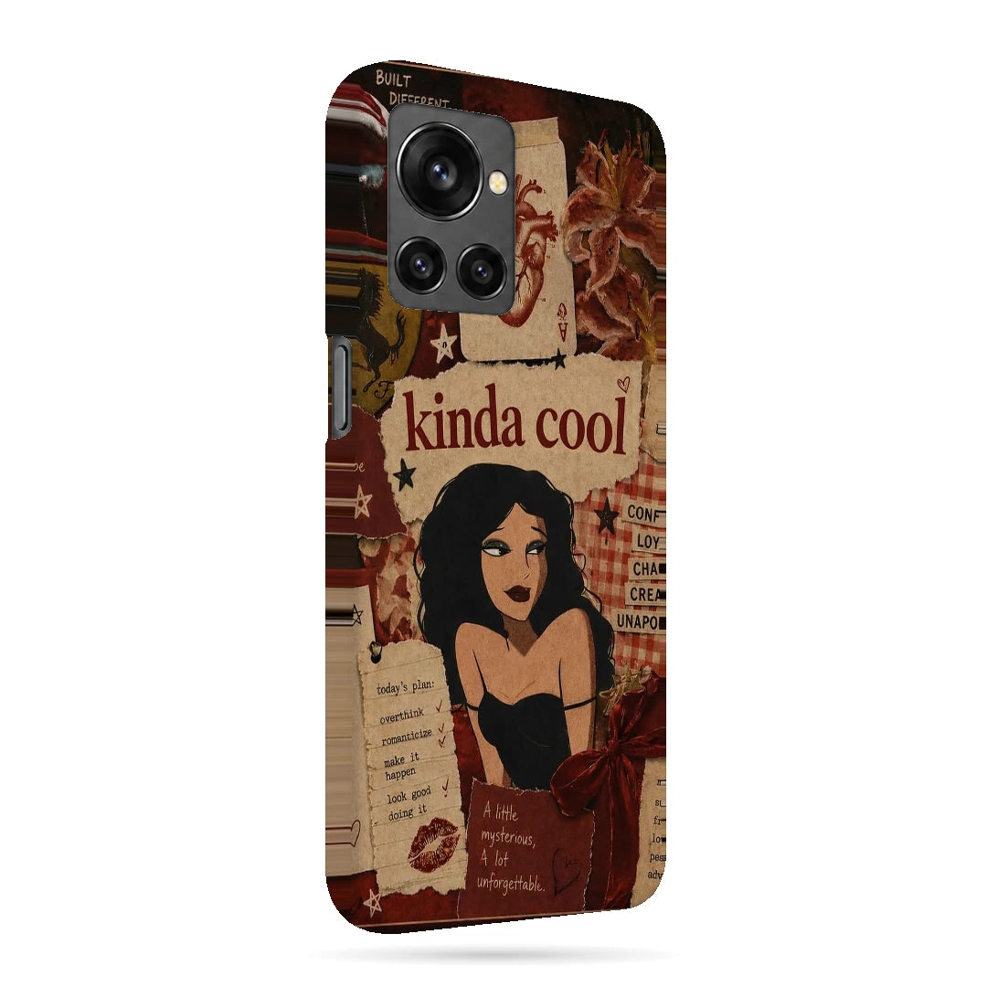 Kinda Cool Retro Girl 3D Print OnePlus 10R Phone Case, right-side view; an illustrated woman and Kinda Cool lettering over warm vintage paper textures