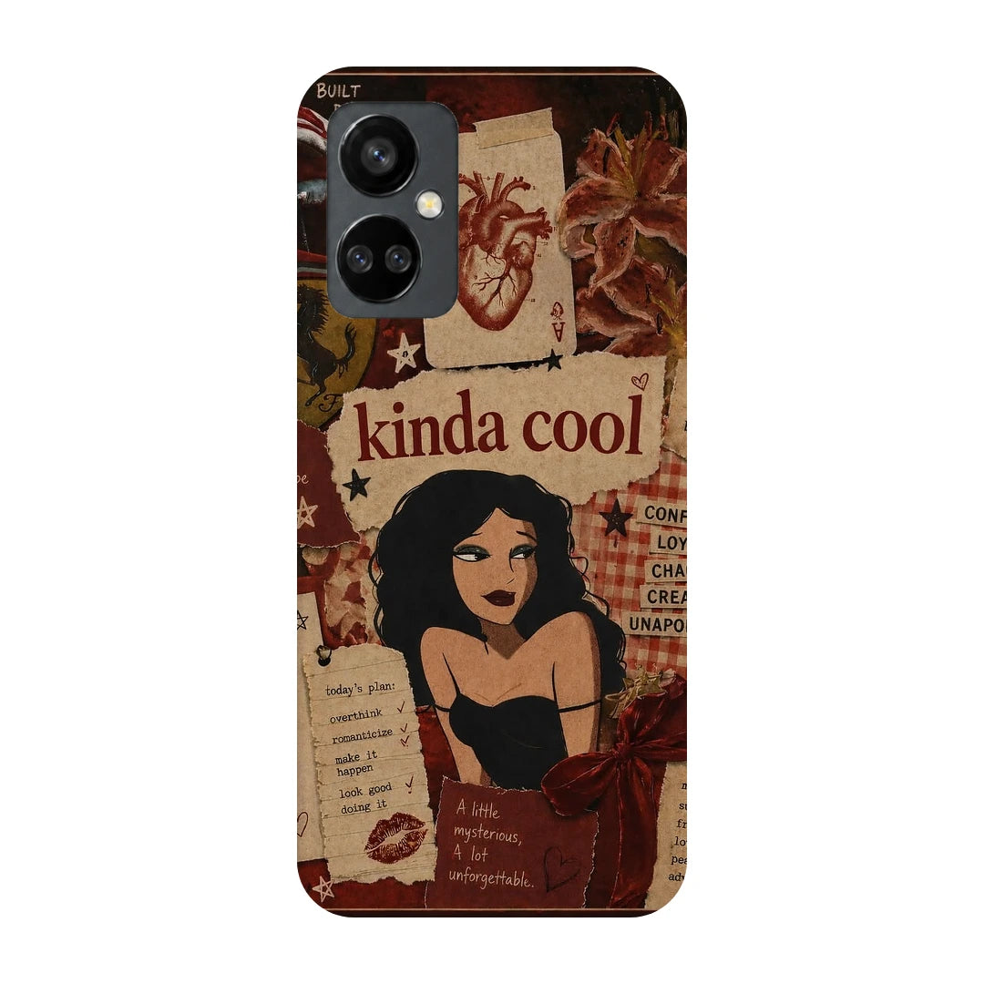Kinda Cool Retro Girl 3D Print OnePlus Nord CE 3 Lite Phone Case, back view; an illustrated woman and Kinda Cool lettering over warm vintage paper textures