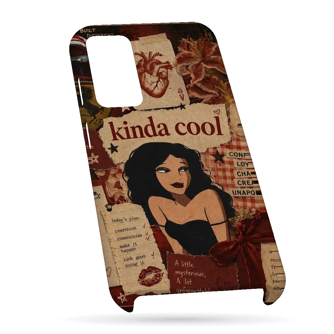 Kinda Cool Retro Girl 3D Print OnePlus Nord CE 3 Lite Phone Case, bottom view; an illustrated woman and Kinda Cool lettering over warm vintage paper textures