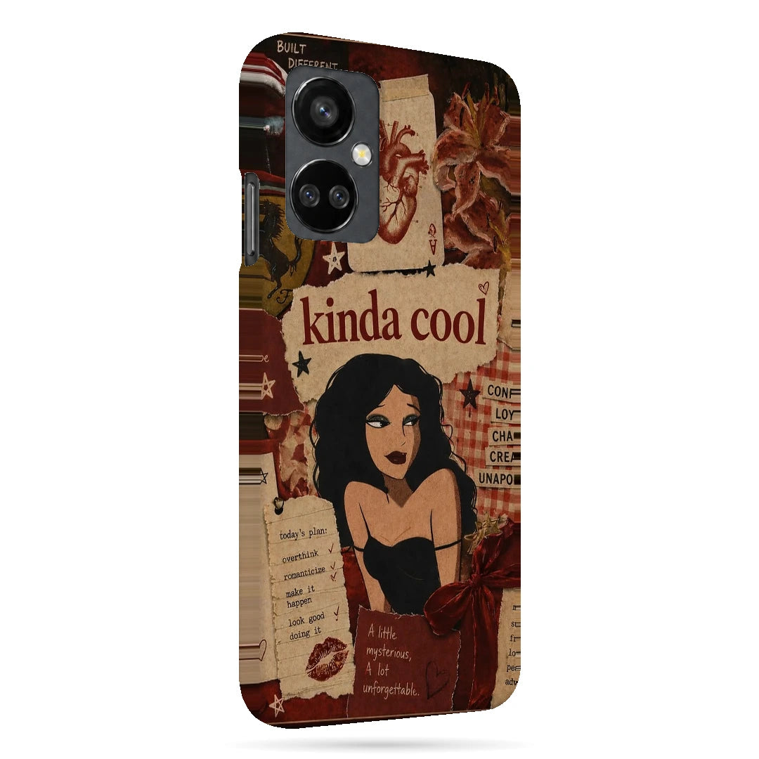 Kinda Cool Retro Girl 3D Print OnePlus Nord CE 3 Lite Phone Case, right-side view; an illustrated woman and Kinda Cool lettering over warm vintage paper textures