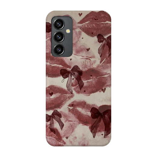 Kiss Marks and Bows 3D Print Samsung S23 FE Phone Case, back view; red lip-print graphics and ribbon bows on a pale pink background