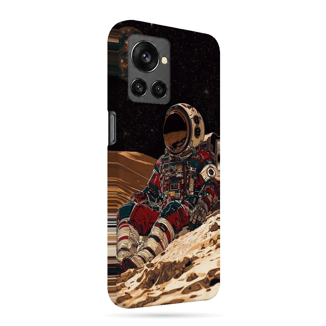 Lunar Astronaut 3D Print OnePlus 10R Phone Case, right-side view; a seated astronaut in a red suit on a pale rocky lunar landscape